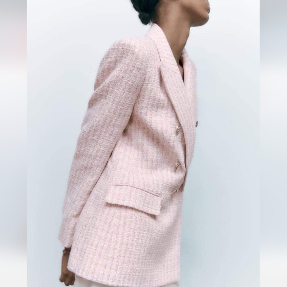 Zara Pink Tweed Double-Breasted Blazer - Picture 8 of 14